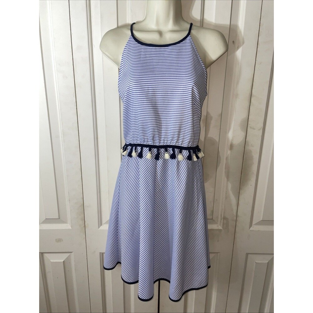 THML Blue White Striped Dress Small Sundress Tassel Waist NWT